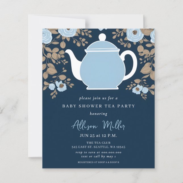 Papier Budget Floral Blue Tea Party Boy Baby Shower Invit (Devant)