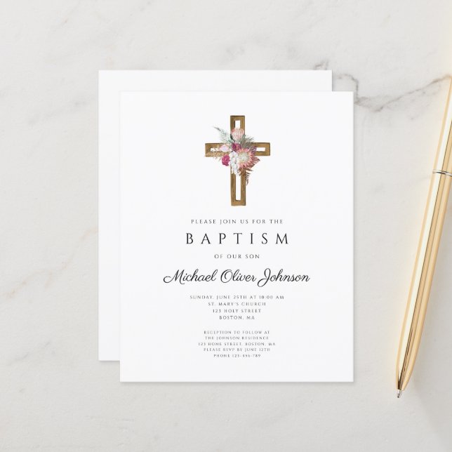 Papier Budget Floral Boho Cross Baptism Invitation (Devant/Arrière en situation)