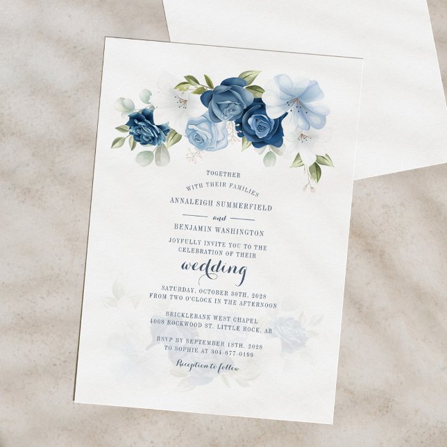 Papier Budget Floral Botanical Dusty Blue Wedding Invitat (Elegant Floral Dusty Blue Bloom Script Wedding Invitation)