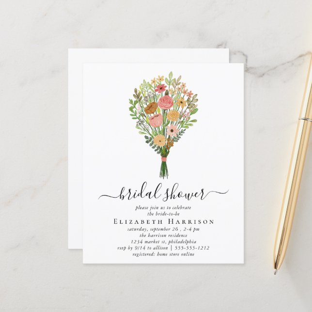 Papier Budget Floral Bouquet Nuptiale Douche Invitation (Devant/Arrière en situation)