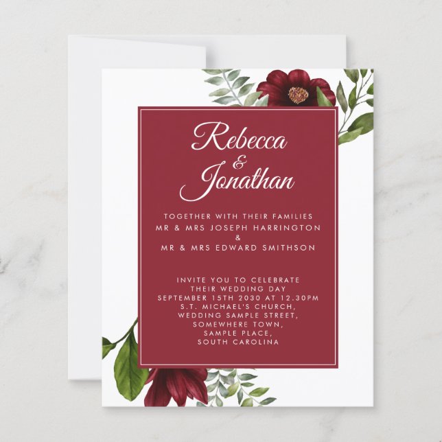 Papier Budget Floral Bourgogne Faire-part de mariage roug (Devant)