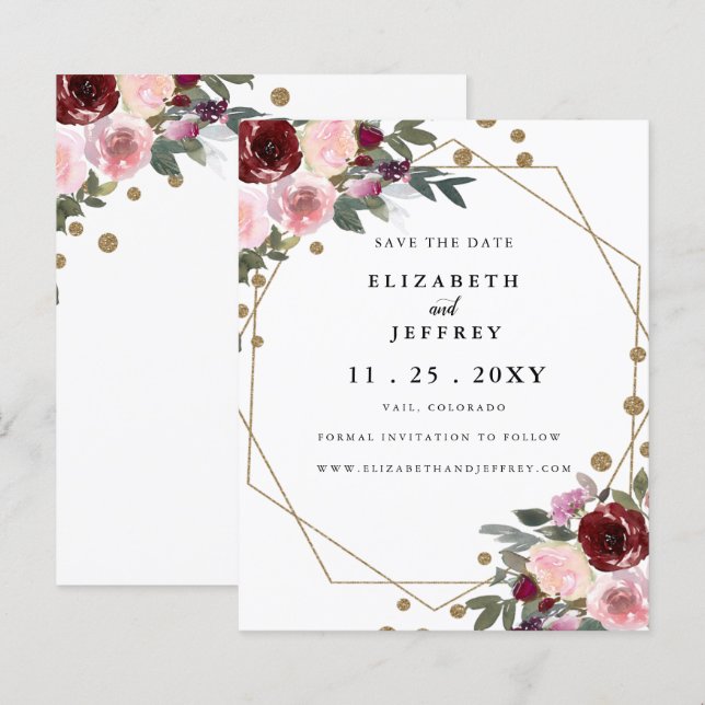 Papier Budget Floral Bourgogne Or Enregistrer La Date (Devant / Derrière)