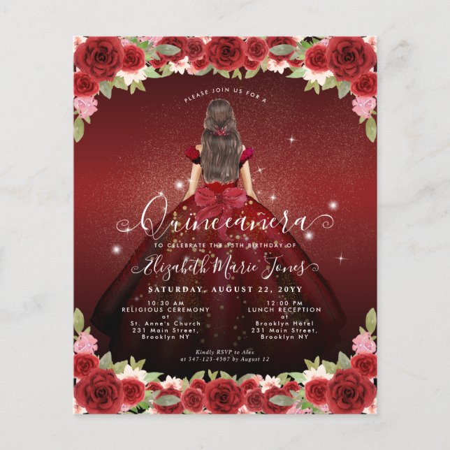 Papier Budget Floral Bourgogne Or Princesse Quinceanera (Devant)