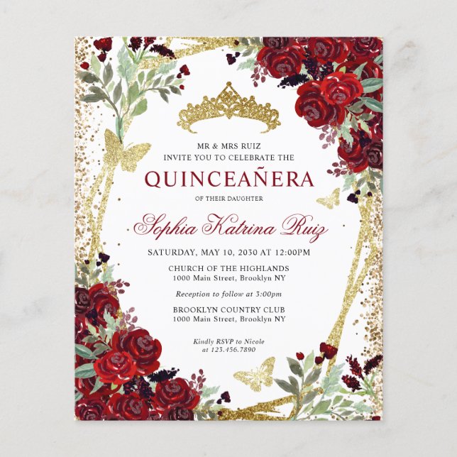 Papier Budget Floral Bourgogne or Quinceañera Invitation (Devant)