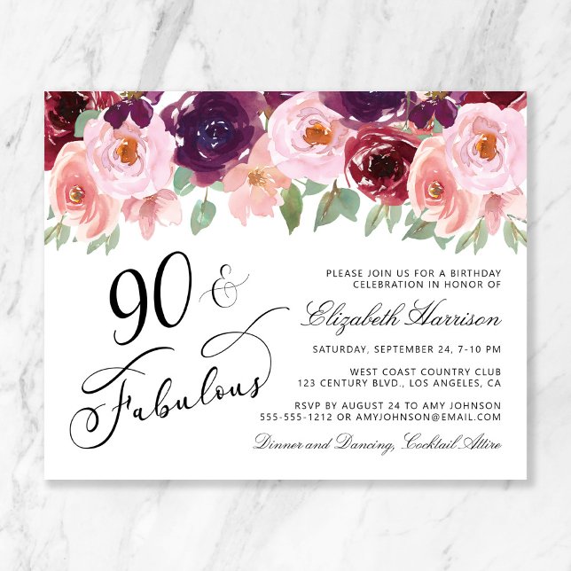 Papier Budget Floral Bourgogne rose 90e fête d'anniversai (Créateur téléchargé)
