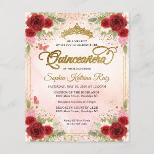 Papier Budget Floral Bourgogne rose Or Tiara Quinceañera