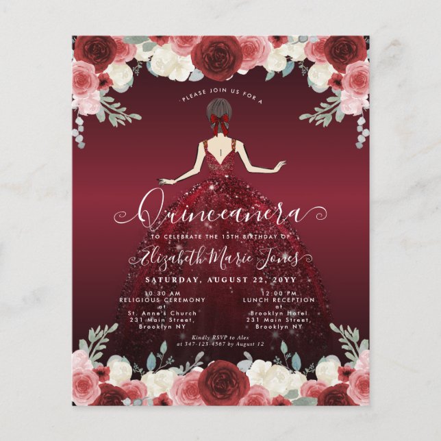 Papier Budget Floral Bourgogne rouge robe Gown Quinceaner (Devant)