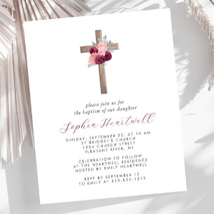 Papier Budget Floral Burgundy Blush Cross Baptism Invitat