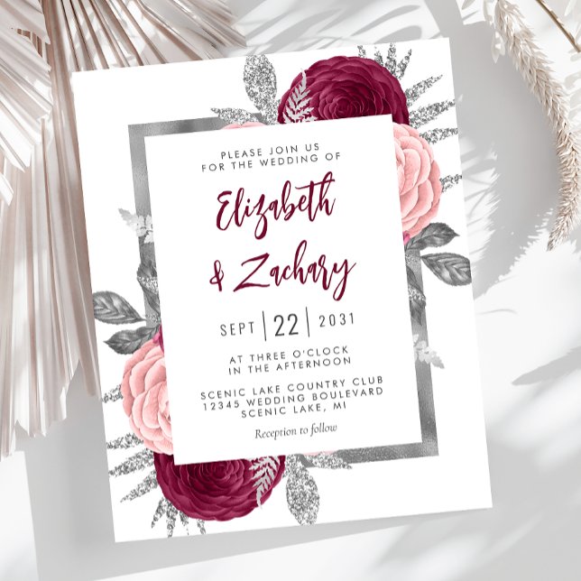 Papier Budget Floral Burgundy Blush Silver Wedding Invita (Créateur téléchargé)