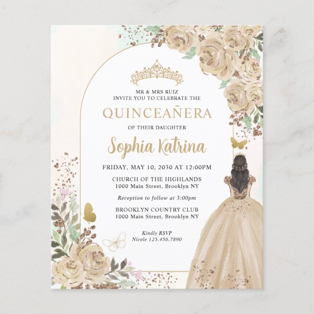 Papier Budget Floral Champagne Gold Princess Quinceanera (Devant)