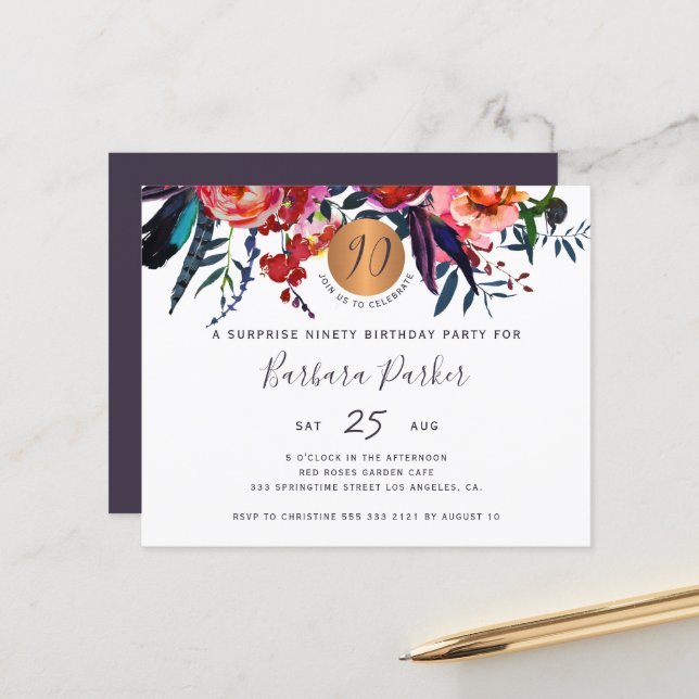 Papier Budget floral chic 90e anniversaire invitation fêt (Devant/Arrière en situation)
