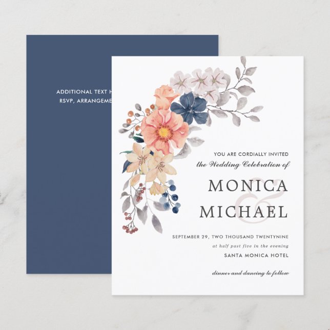Papier BUDGET Floral Chic Coral PINK Blue Mariage (Devant / Derrière)