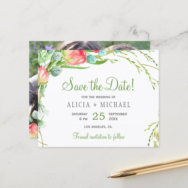 Papier Budget floral chic script photo mariage date de sa (Devant/Arrière en situation)