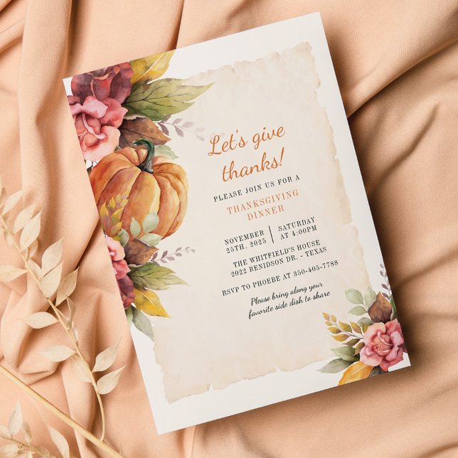 Papier Budget Floral Citrouille Friendsgiving Invitation (Pumpkin Thanksgiving Dinner Invitation)