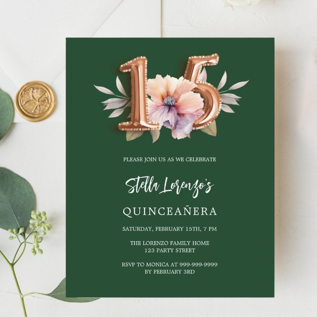 Papier Budget floral de pêche vert émeraude Quinceanera (Créateur téléchargé)
