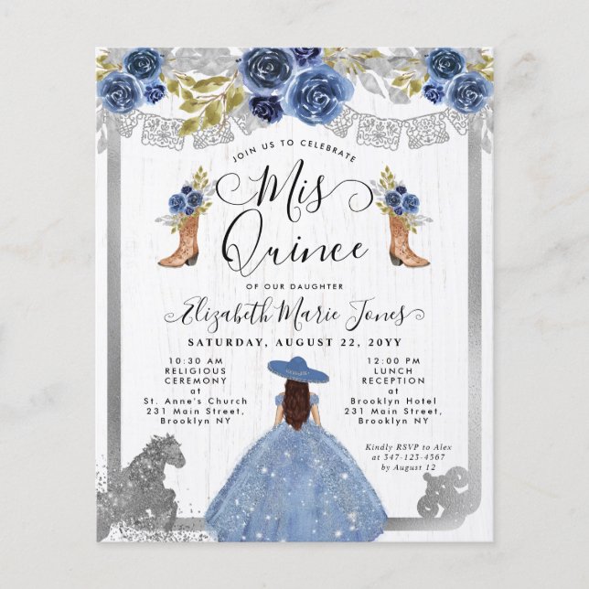 Papier Budget Floral Dusty Bleu Argent Charra Quinceanera (Devant)