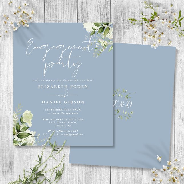 Papier Budget Floral Dusty Blue Engagement Invitation (Budget Floral Dusty Blue Engagement Party Invite)