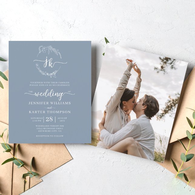 Papier BUDGET Floral Dusty Blue Monogramme Photo Mariage (Créateur téléchargé)