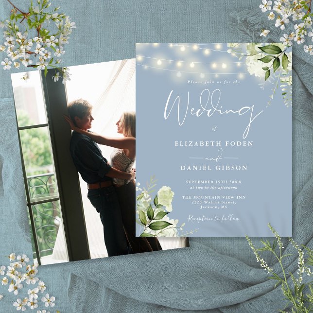 Papier Budget Floral Dusty Blue Photo Wedding Invitation (Budget Floral Dusty Blue Photo Wedding Invite)