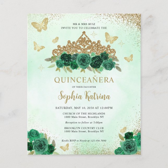 Papier Budget Floral Emerald Gold Tiara Quinceañera (Devant)
