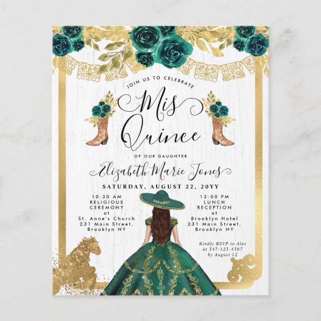 Papier Budget Floral Emerald Green Charra Quinceanera (Devant)