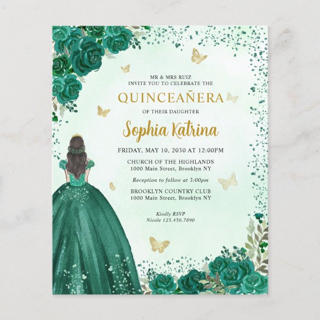 Papier Budget Floral Emerald Green Princess Quinceanera (Devant)