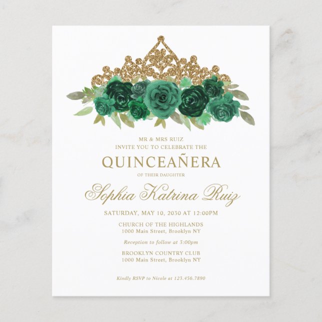 Papier Budget Floral Emerald Green Tiara Quinceañera (Devant)