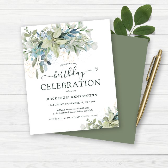 Papier Budget Floral Eucalyptus fête d'anniversaire (Budget Floral Eucalyptus Birthday Celebration Invitation)
