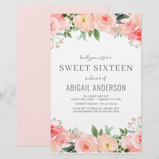 Papier Budget Floral Girly Sweet 16 Anniversaire Invitati (Devant / Derrière)