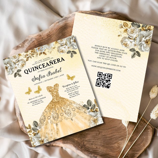 Papier Budget Floral Gold QR Code Princess Quinceanera (Créateur téléchargé)