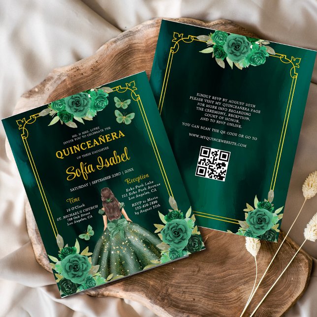 Papier Budget Floral Green Gown robe QR Code Quinceanera (Créateur téléchargé)