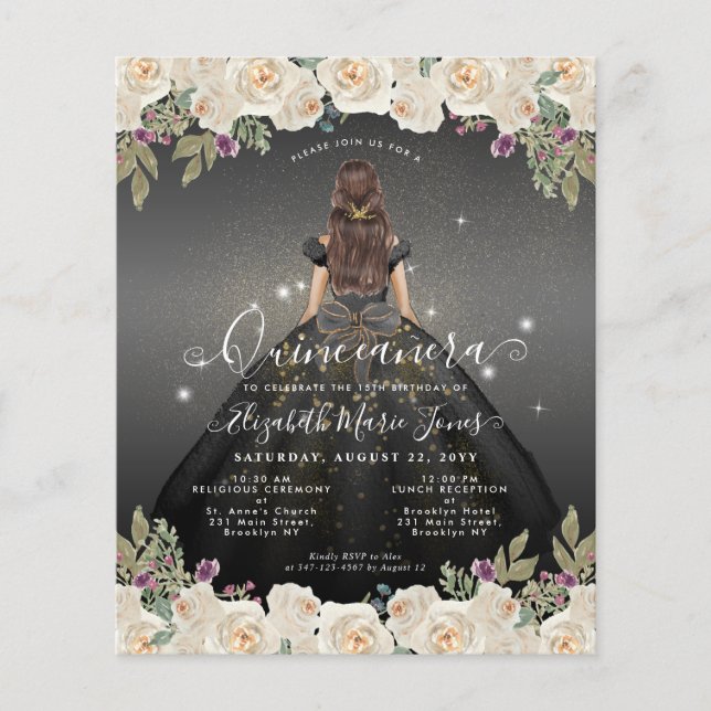 Papier Budget Floral Gris Noir Or Princesse Quinceanera (Devant)