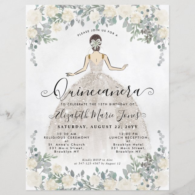 Papier Budget Floral Ivoire Blanc Princesse Quinceanera (Devant)