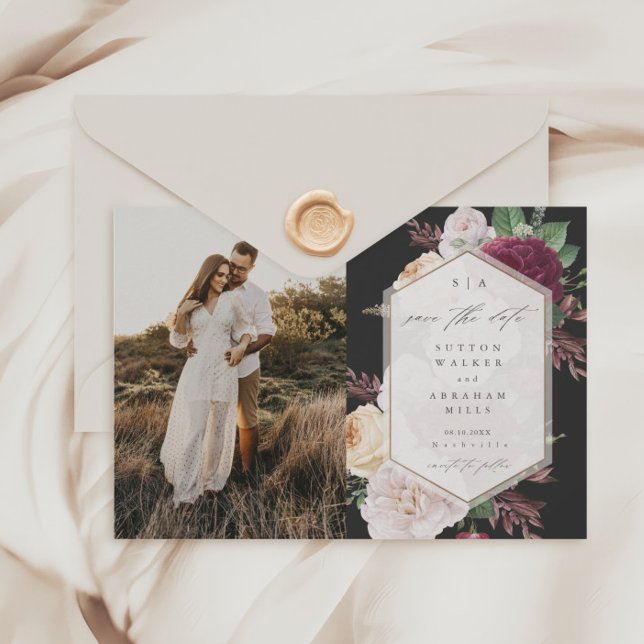 Papier Budget Floral Mariage Photo Enregistrer la date (Vintage Floral Bouquet Black Budget  Photo Wedding Save the Dates.)