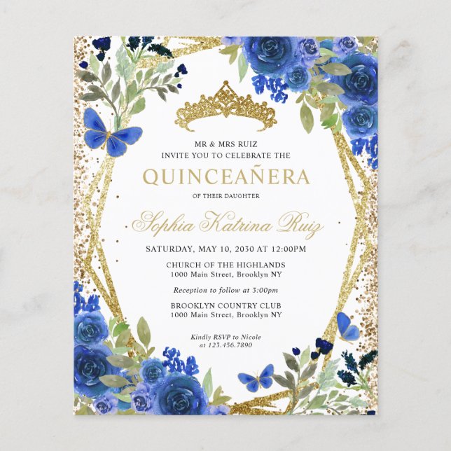 Papier Budget Floral Marine Blue or Quinceañera Invitatio (Devant)