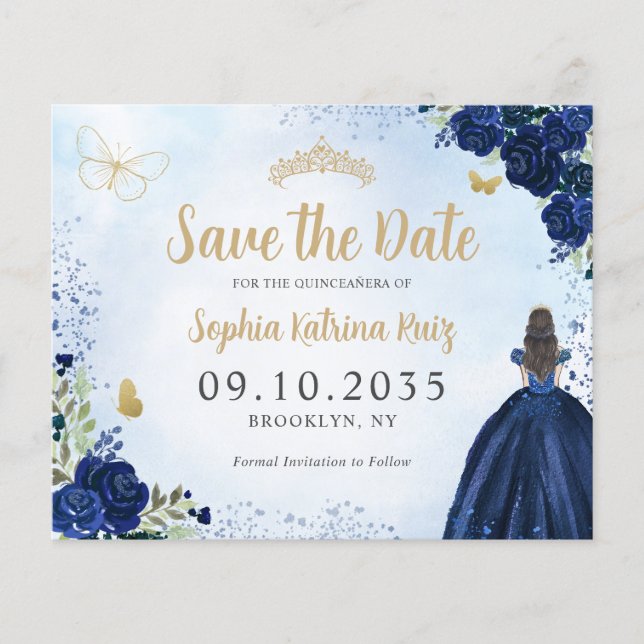 Papier Budget Floral Navy Blue Quinceanera Enregistrer la (Devant)