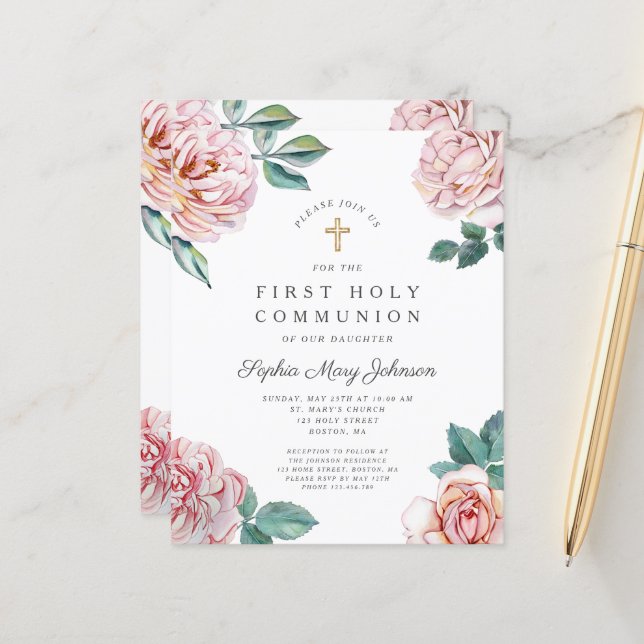 Papier Budget Floral Peonies rose Fille Première Communio (Devant/Arrière en situation)