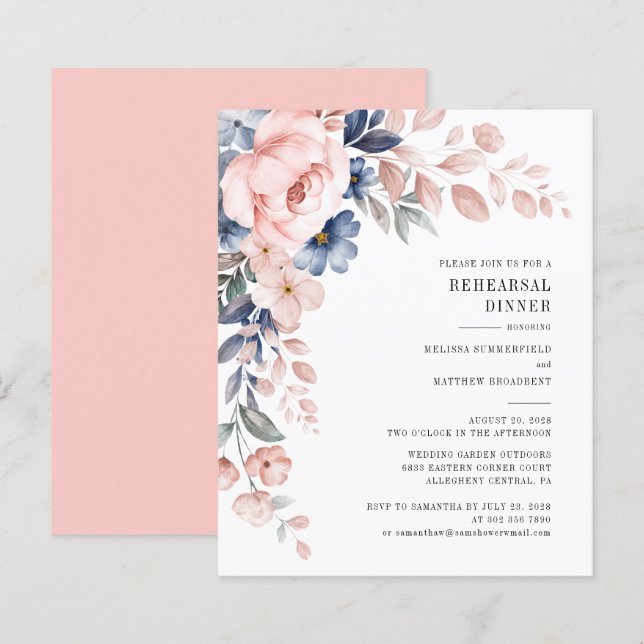 Papier Budget Floral Pink Rehearer Dîner Invitation (Devant / Derrière)