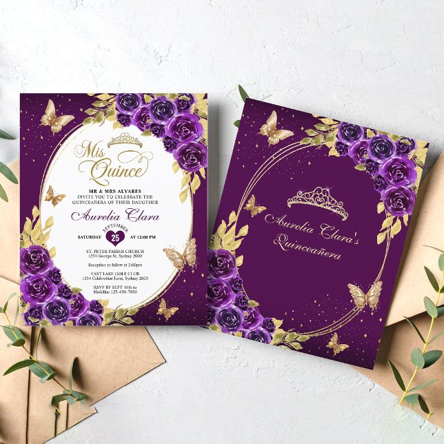 Papier BUDGET Floral Purple Or Tiara Mis Quinceanera (Créateur téléchargé)