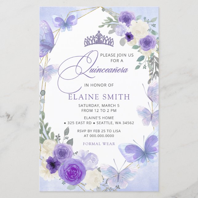 Papier Budget Floral Purple Papillons Lilac Quinceanera (Devant)