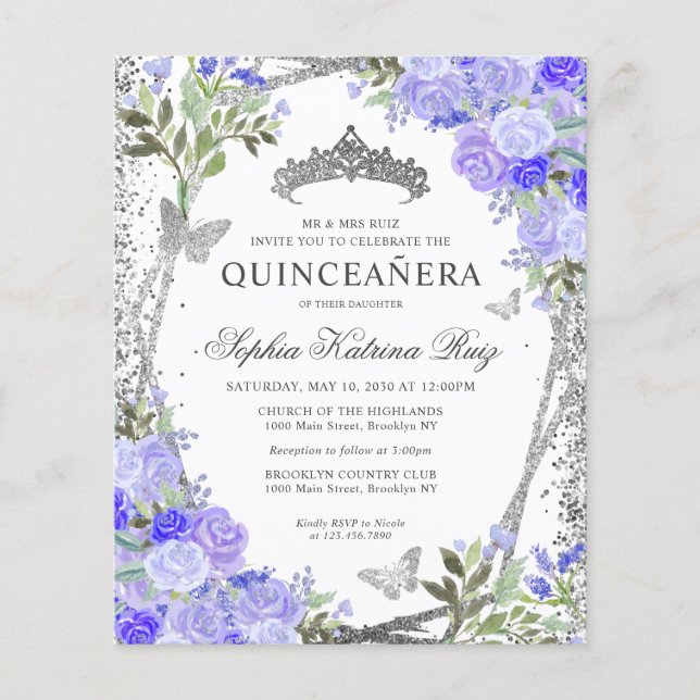 Papier Budget Floral Purple Silver Quinceañera Invitation (Devant)