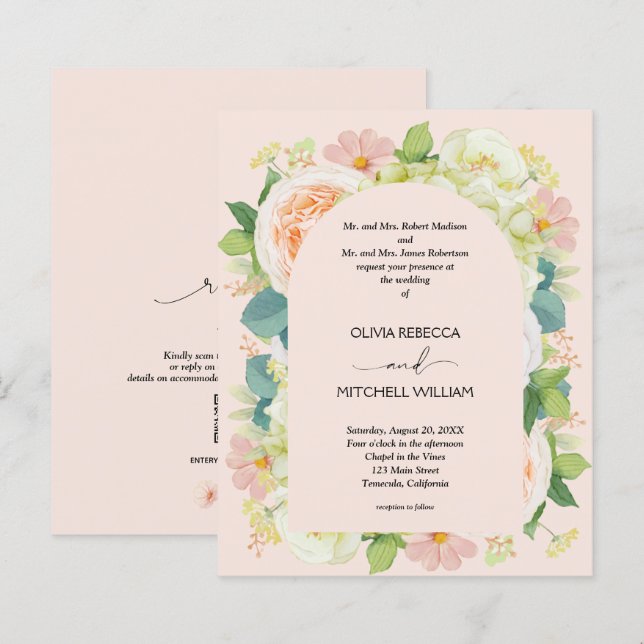 Papier Budget Floral QR Code de mariage Invitations (Devant / Derrière)