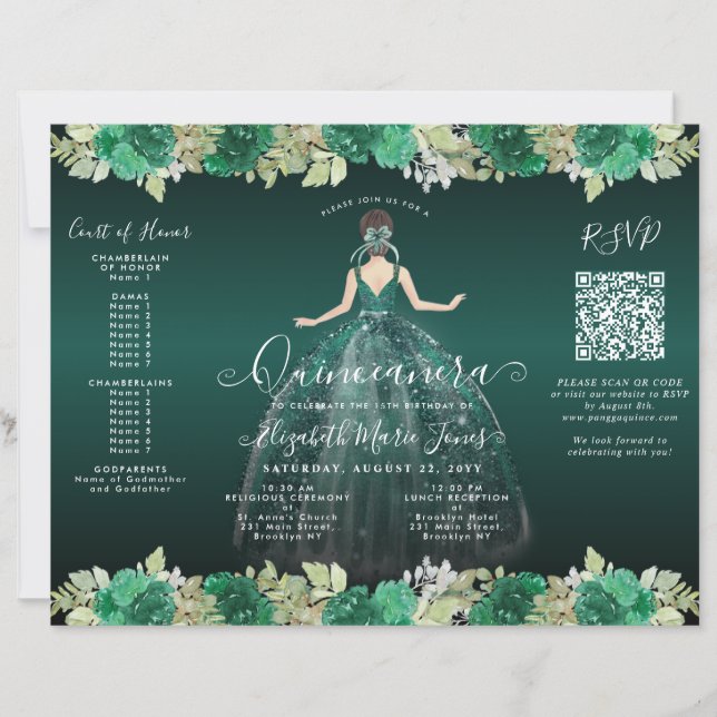 Papier Budget Floral Robe Verte Photo Quinceanera Invitat (Devant)