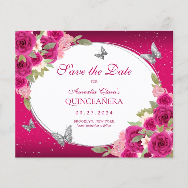 Papier BUDGET Floral rose papillon argenté Quinceanera (Devant)