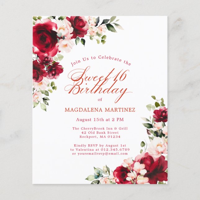 Papier Budget Floral Rose rouge Invitation Anniversaire (Devant)