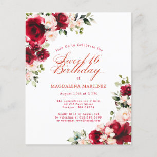 Papier Budget Floral Rose rouge Invitation Anniversaire