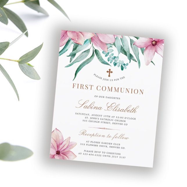 Papier Budget floral rose sainte première communion invit (Créateur téléchargé)