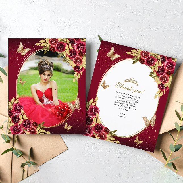 Papier BUDGET Floral Rouge or papillon photo Quinceañera (Créateur téléchargé)