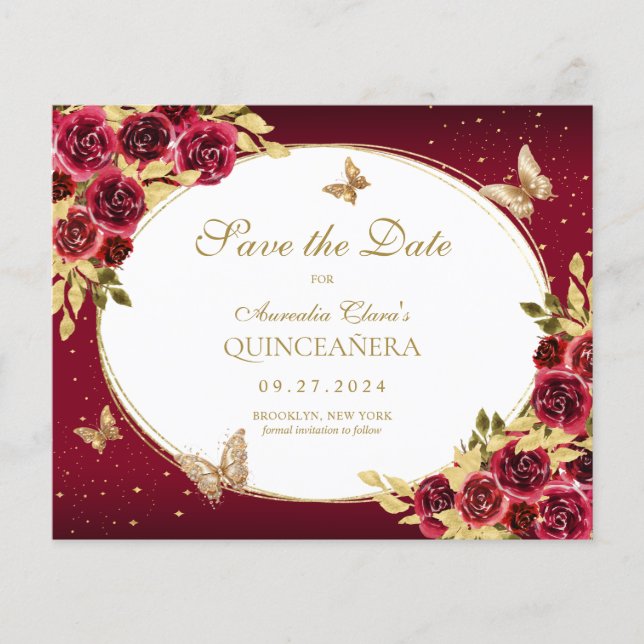 Papier BUDGET Floral Rouge or papillon Quinceanera (Devant)