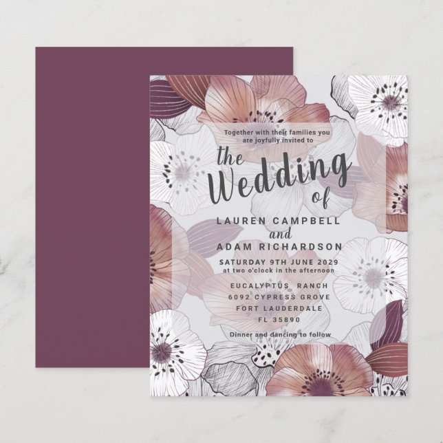 Papier Budget Floral Rouge violet Faire-part de mariage (Devant / Derrière)
